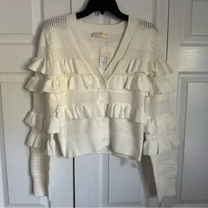 Feminine Coquette Sweater Womens L White Tier Ruffle Button Front V Neck Cottage